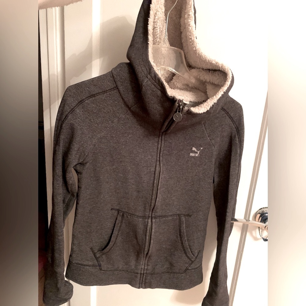 Puma - zip high-neck dark grey sweatshirt, fuzzy hood - size small